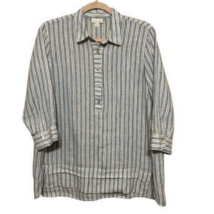 J Jill Love Linen Half Button Tunic Top Small Blue White Striped Beach Coastal